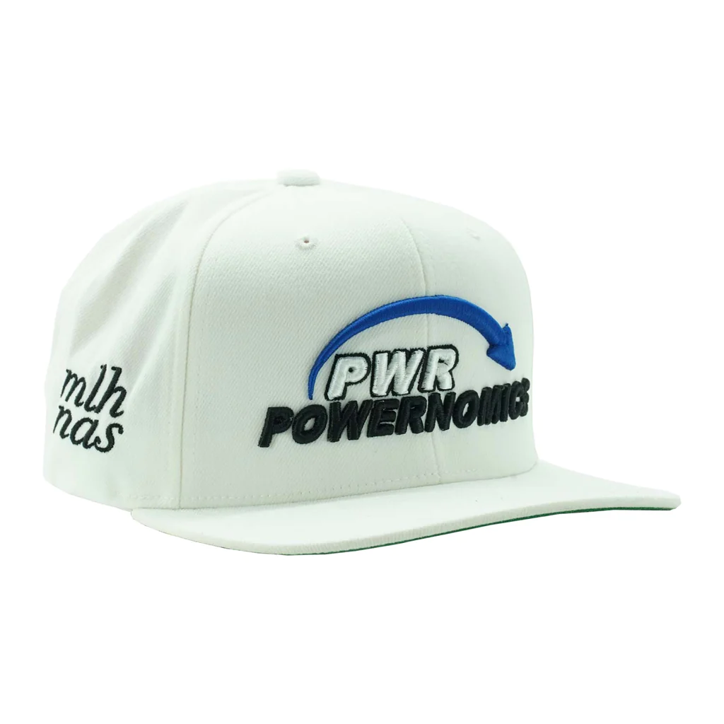 White Cap With Flat Bill/Embroidered Blue, Black & White PWR Powernomics Arrow Logo